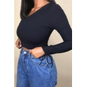 Womens Tee Top Casual Solid Color Slim Fitted Long Ruched-Drawstring Sleeve One Shoulder Cropped Tee Top