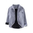 Retro Mens Shirt Pinstripe Pattern Thickened Chest Pocket Button down Long Sleeve Spread Collar Regular Fit Shirt