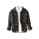 Retro Mens Shirt Plaid Pattern Chest Pockets Cotton Button down Long Sleeve Spread Collar Regular Fit Shirt