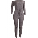 Women's New Trendy Solid Color Off the Shoulder Long Sleeve Drawstring Waist Knee Cut Rib Knit Jumpsuit