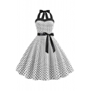 Womens Dress Trendy Polka Dot Pattern Bow Tie Waist Sleeveless Midi A-Line Slim Fitted Tie-Halter Sweetheart Neck Swing Dress