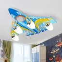 Plane-Shaped Kids Bedroom Flush Light Wood 4 Lights Cartoon Ceiling Mounted Lamp in Blue and Yellow