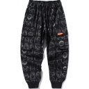 Cool Mens Pants Doodle Figure Face Pattern Cuffed Drawstring Waist Ankle Length Regular Fit Tapered Pants