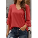 Basic Womens Tee Top Plain Cutouts Sheer Flare Cuff 3/4 Sleeve V-Neck Loose T-Shirt