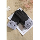 Womens Fashionable Solid Color Faux Fur Rabbit Embellished Warm Thick Suede Gloves