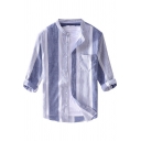 Mens Shirt Simple Contrast Pinstripe-Panel Cotton Linen Button up Stand Collar 3/4 Sleeve Regular Fit Shirt with Chest Pocket