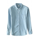 Classic Mens Shirt Plain Chest Pocket Cotton Long Sleeve Button down Collar Regular Fit Shirt