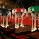 6 Lights Tyre Pendant Chandelier Loft Blue/Red/Green Hand-Wrapped Rope Hanging Ceiling Light