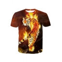 Mens T-Shirt Fashionable Tiger Fire Print Regular Fitted Short Sleeve Crew Neck Tee Top
