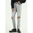Novelty Mens Jeans Light Wash Distressed Zipper Vents Slim Fit 7/8 Length Blue Tapered Jeans