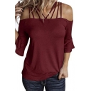 Women's Tee Top Hollow out Cold Shoulder Solid Color Three-Quarter Flare Cuff Sleeve Regular Fitted T-Shirt