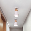 1 Bulb Foyer Semi Flush Light Macaron Dark Grey/Green/White-Wood Adjustable Ceiling Fixture with Bottle/Horn/Cylinder Metal Shade