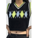 Womens Sweater Vest Simple Rhombus Jacquard Stripe Trim Regular Fit Sleeveless V Neck Cropped Sweater Vest