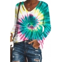 Fashion Women's T-Shirt Tie Dye Pattern Hollow out V Neck Long Sleeve Regular Fitted Tee Top
