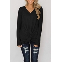 Trendy Women's Sweater Solid Color Front Twist Detail V Neck Long Sleeves Regular Fit Knitted Sweater