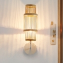 Wood Tubular Wall Lamp Chinese 1 Bulb Bamboo Sconce Light Fixture with Metal Curvy Arm