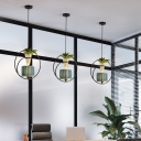 Single Iron Hanging Light Rural Black Circle/Oval Dining Room Ceiling Pendant with Plant Pot and Fabric Shade