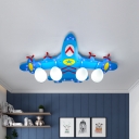 Blue Fighter Aircraft Ceiling Flush Cartoon 4 Bulbs Wood Flushmount Lighting in White/Warm Light/Second Gear