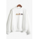 Cute Cartoon Three-Cat Pattern Mock Neck Long Sleeve Loose Relaxed Sweatshirt