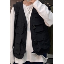 Mens Vest Fashionable Solid Color Buckle Detail Flap Pockets Zipper down Regular Fit Sleeveless Work Vest