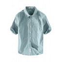 Mens Shirt Casual Solid Color Purified Cotton Button up Spread Collar Short Sleeve Regular Fit Shirt