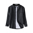 Novelty Mens Shirt Pinstripe Pattern Button up Chest Pocket Stand Collar Long Roll-Tab Sleeve Regular Fit Shirt