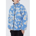 Trendy Jacket Daisy Pattern Unique Pockets Full Zip Stand Collar Long Sleeve Oversize Casual Jacket