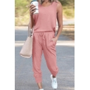 Sporty Women's Two Piece Set Solid Color Crew Neck Sleeveless Relaxed Fitted T-Shirt and Pants Set