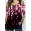Creative Women's Tee Top Lace Trims Detail Cold Shoulder All over Floral Printed Scoop Neck Short Sleeves Regular Fitted T-Shirt