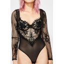 Plain Sexy Long Sleeve Deep V-Neck Polka Dot Floral Pattern See-Through Lace Scalloped Fitted Bodysuit for Women