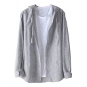 Cool Mens Shirt Plain Pinstripe Print Cotton Linen Drawstring Button up Hooded Long Sleeve Regular Fit Shirt