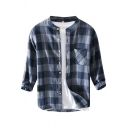 Mens Shirt Chic Checkered Print Button up Stand Collar 3/4 Sleeve Regular Fit Shirt with Chest Pocket