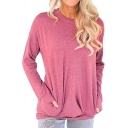 Basic Women's Tee Top Space Dye Side Pockets Round Neck Long Sleeves Relaxed Fit Tee Top