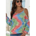 Casual Womens T-Shirt Tie Dye Strap Triangle-Cutout Full Sleeve Round Neck Tee Top
