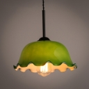 Vintage Ruffled-Edge Shade Pendulum Light 1 Bulb Green/White Glass Ceiling Pendant for Living Room