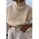 Womens Sweater Casual Solid Color Purl Knit Regular Fitted Cap Sleeve High Neck Sweater