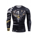Mens T-Shirt Fashionable Helmet Lion Head Print Quick-Dry Stretch Skinny Fitted Round Neck Long Sleeve T-Shirt