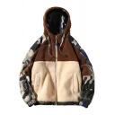 Basic Mens Jacket Camo Color Block Sherpa Panel Zipper up Drawstring Long Sleeve Loose Fit Hooded Casual Jacket