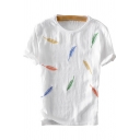 Retro Mens Tee Top Feather Embroidery Crew Neck Short Sleeve Regular Fitted Linen T-Shirt