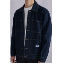 Mens Jacket Trendy Dark Wash Contrast Topstitching Pockets Button up Turn-down Collar Long Sleeve Regular Fit Denim Jacket