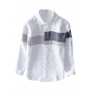 Novelty Mens Shirt Contrast Panel Cotton Linen Button up Spread Collar Long Sleeve Regular Fit Shirt