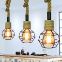 1 Bulb Ball Cage Mini Down Lighting Farmhouse Brown Rope Pendant Ceiling Light for Bistro