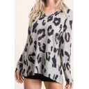 Trendy Tee Top All over Leopard Print Scoop Neck Long Sleeves Regular Fitted T-Shirt for Women