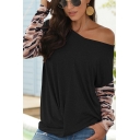 Fashion Womens Tee Top Plain Twisted Hem Camo Print Patchwork Full Sleeve V-Neck Fitted T-Shirt