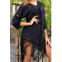 Sexy Girls Beach Cover-up Dress Hand-Knit Fringe Backless Tie V Neck 3/4 Sleeve Loose Fitted T-Shirt