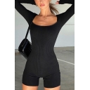 Unique Womens Romper Solid Color Purified Cotton Rib Knit Scoop-Neck Slim Fitted Long Sleeve Romper