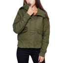 Unique Womens Jacket Solid Color Rib Trim Button Detail Zipper up Turn-down Collar Slim Fit Long Sleeve Padded Jacket