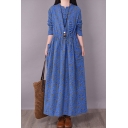 Vintage Women's A-Line Dress All over Floral Printed Drawstring Waist Side Pockets Notched Collar Long-sleeved Regular Fitted A-Line Dress