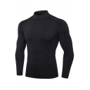 Classic Mens T-Shirt Topstitching Quick-Dry Stretch Skinny Fitted Long Sleeve Mock Neck Tee Top