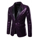 Mens Costume Tuxedo Trendy Sequin Double Flap Pockets Button Detail Lapel Collar Slim Fitted Long Sleeve Tuxedo